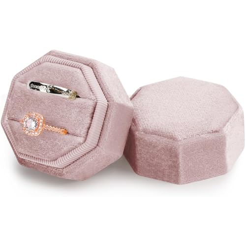JJiaoLinin Caja de Anillo de Terciopelo, Joyero para Anillo, Hexagonal de Doble Ranura Caja Anillo Compromiso, Elegante Joyero con Tapa Extraíble, para Propuesta Compromiso Boda Festival (Rosa)