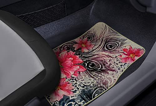 Hibiscus Flowers Peacock Feathers Car Truck Suv Universal-Fit Front & Rear Seat Carpet Flower Floor Mats - 4Pc #TOP3