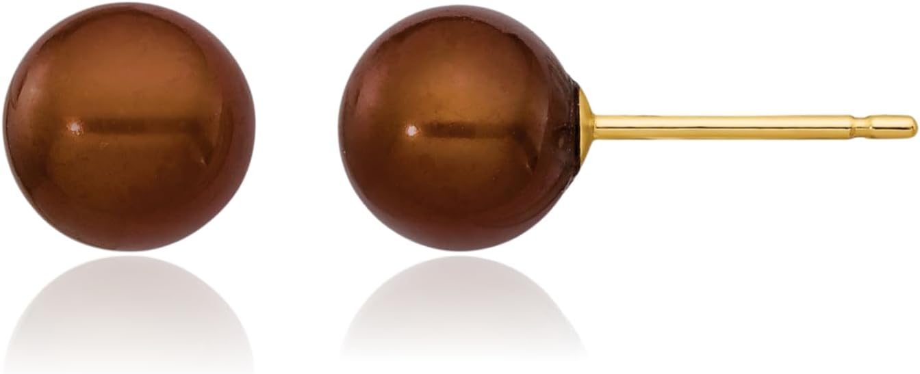 IceCarats 14K Solid Yellow Gold 6mm Freshwater Brown Pearl Round Medium Stud Earrings Prong Set, Butterfly Back For Her