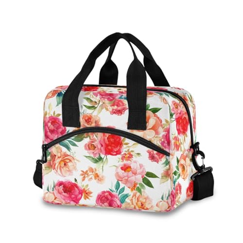 Insulated Lunch Bag Reusable Cooler Pink Peony Flower White Lunch Box Adjustable Shoulder Strap for School Men Women