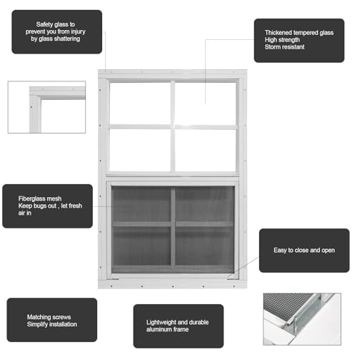 Yuzzy 24\" x 36\" Shed Windows with Tempered Glass and Fiberglass Screen, 2 Pack Small Sliding Windows for Shed, Chicken Coop, Playhouse, Household, Garage, Barns (White)
