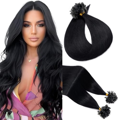 Elailite Extensiones Pelo Natural Queratina Negro 100 Mechas 50g U Tip Keratin Cabello Humano sin Clip 50cm #01 Negro Oscuro