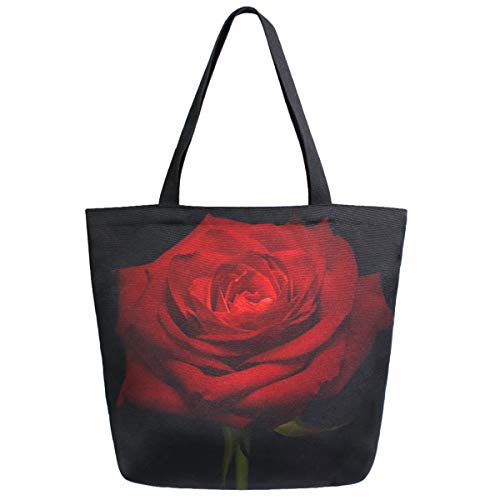 Zzwwr 3D Beautiful Red Rose Print Extra Large Canvas Shoulder Tote Top Handle Bag For Gym Beach Travel Shopping,Black #TOP6