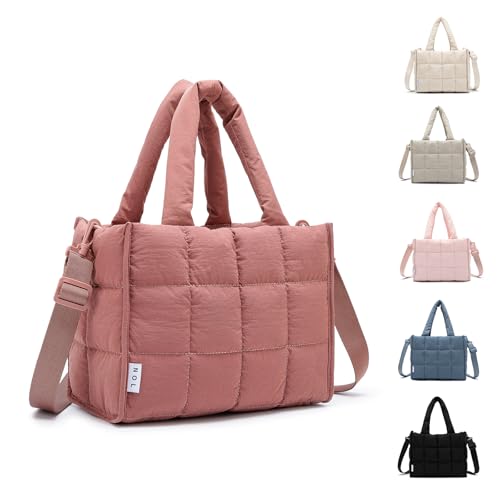 NOL Natural Organic Lifestyle Women's Nylon Lunch Cooler Quilted Tote Bag Puffy Insulated Lunch Bag for Women, Lightweight Waterproof Lunch Box for Work, Picnic, Outdoors,Dark pink