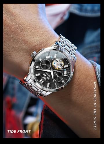 Image of OLEVS Mens Automatic Mechanical Watch Skeleton Tourbillon Luxury Dress Stainless Steel Wrist Watch