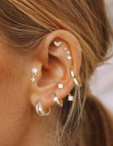 Small Gold Hoop Earrings for Women -7 Pairs Hypoallergenic 14K Gold Plated Stud Huggie Earring Sets for Multiple Piercing Cute Dainty Earring Stacks Cartilage Studs Trendy Gold Jewelry Gifts2