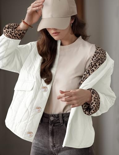 Flygo Women's Casual Quilted Puffer Jacket Leopard Lined Collarless Cropped Button Down Winter Warm Lightweight Bomber Coat2