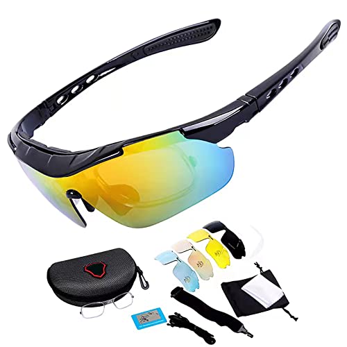 WGYTECH Sportbrillen Fahrradbrille UV400 Schutz mit 5 Wechselgläsern, Rahmen TR90 , Radbrille, Polarisierte Brille für Angeln, Klettern, Laufen, Golf, Unisex(Schwarz) Cover