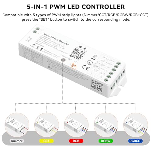 PAUTIX WiFi 5 en 1 controlador regulable para tira de LED monocromática CCT RGB RGBW RGBCCT compatible con la aplicación Tuya/Smart Life/Alexa/Google Home Control de luz DC12-24V (sin batería) - imagen 2