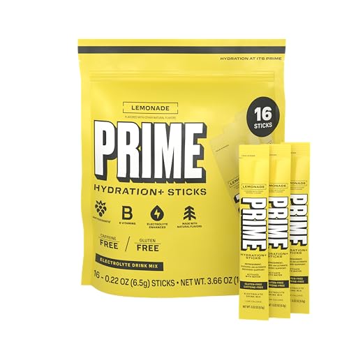 PRIME HYDRATION+ Electrolyte Powder Sticks Lemonade Sugar Free Hydration Drink Mix with Potassium Magnesium & B Vitamins to Replenish Fluids Caffeine Free 16 Count
