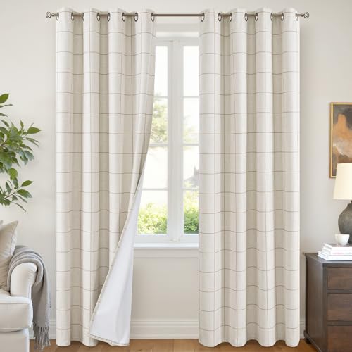 Lajode Linen Blackout Curtains for Living Room - Boho Plaid Pattern Thermal Insulated Grommet Cottage Core Window Treatments Rustic Drapes for Farmhouse 52x84 Inch 2 Panels Natural