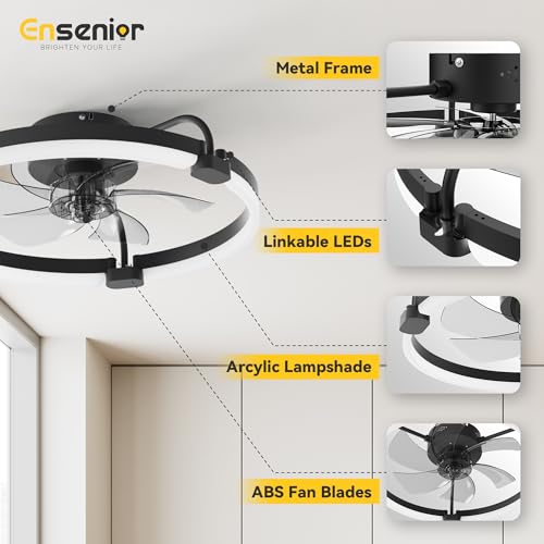 Ensenior Deckenventilator mit Beleuchtung, 50cm Deckenlampe mit Ventilator & Fernbedienung, 6 Geschwindigkeiten Leise, Stufenlos Dimmbar (3000K-6500K), Flaches Design für Schlafzimmer Büro - Schwarz