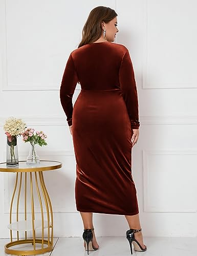 Image of ZOMVA Plus Size Velvet Wrap Dress Ruched Bodycon Dress Long Sleeves Ruffle Long Elegant Party Wedding Guest Cocktail Holiday