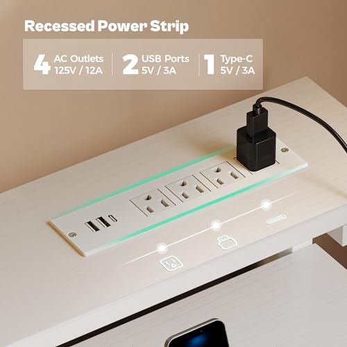 Huuger Gaming Desk with 6 Drawers, Computer Desk with LED Lights Power Outlets and Type-C, 39 Inch Office Desk with Storage, Monitor Stand, Writing Desk Work Desk Home Office, Bedroom, Study, White