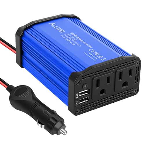 ALLWEI 300W Car Power Inverter DC 12V to 110V AC Power inverters for Vehicles Converter with 4.8A Dual USB AC Car Charger Adapter (Blue) 300W Blue 4.8A