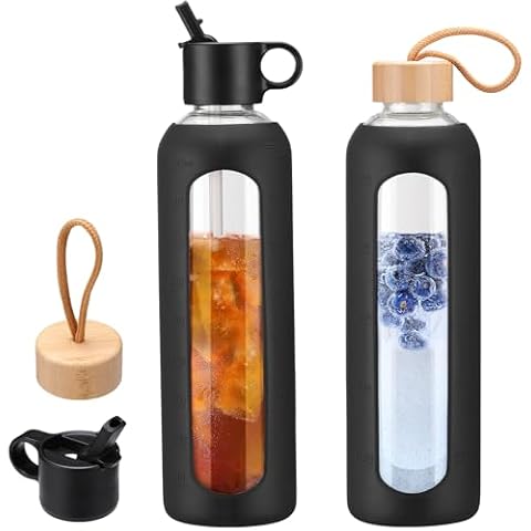 WINSA 32oz Glass Water Bottle With 2 Lids-Flip Straw Lid, Bamboo Lid, Glass Water Bottle With Silicone Sleeve, Motivational Time Marker, Glass Juice Bottle for Cold Drink,1 Pack-Black Cover