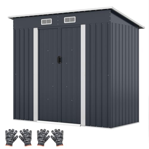 HOMASIS Gerätehaus Metall, Geräteschuppen mit Pultdach, 4,4 m³, 213x112x186cm, Gartenhaus mit 2 Schiebetür & 2 Lüftungsfenster & Fundament, Gartenschuppen Gartenhütte Outdoor wetterfest, Grau