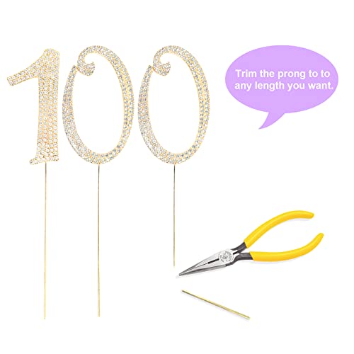 Number Cake Topper 100, Uniideco Gold Rhinestone Premium Metal Bling Bling Cake Decor, Sparkly Happy Birthday Wedding Anniversary Party Decoration Centerpiece #TOP3