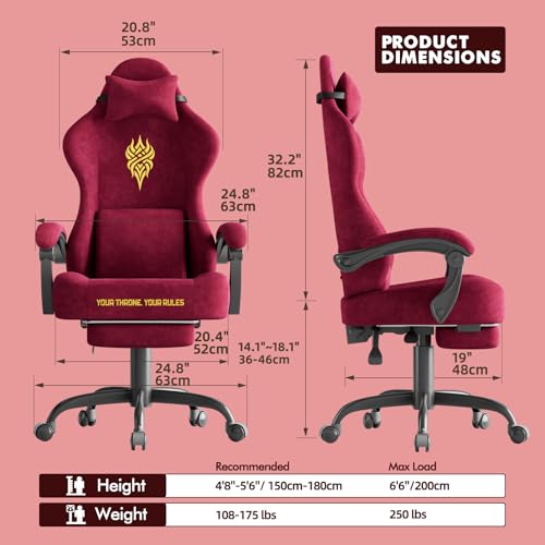Image of Soontrans Red Velvet Fabric Gaming Chairs with Footrest, Ergonomic Comfortable Video Gamer Chair, Reclining Office Computer Desk Game Chairs with Massage Lumbar Cushion,Headrest for Adult