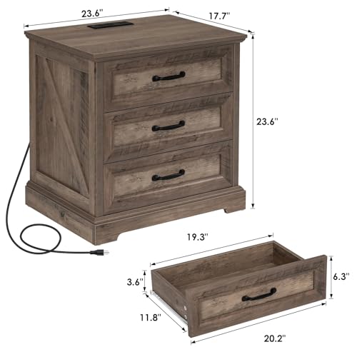 Image of HOMMPA 24'' Farmhouse Nightstand with Charging Station, Bedside Tables with Storage, Rustic Night Stand with AC Outlets & USB Port, 3 Drawers End Table Dresser, Wood Night Table for Bedroom, Greige