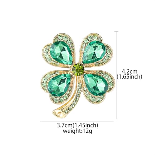 Image of Rhinestone Clover Leaf Brooch Pin, Green Four Leaf Clover Pin Shamrock Lapel Pin, Gold Plated Vintage Crystal Flower Brooches