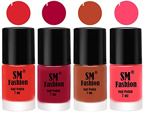 Image of Nail Polish Combo Set (Pack of 4) Quick Dry Gel Finish Nail Paint | Candy Orange,Dark Magenta,Light Coral,Pink | 7 ml Each