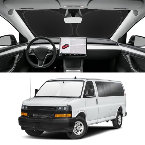 Image of Custom Fit Windshield Sun Shade for Chevrolet Express 1996-2026 | Blocks UV Rays and Sun Heat, Helps Reduce Interior Temperature, Protects Dashboard from Fading, Folds Easily for Storage