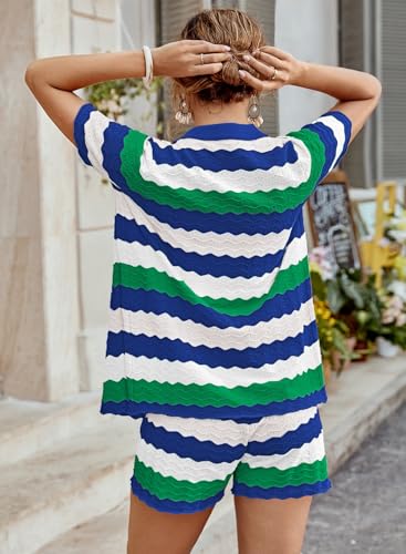 Pink Queen Women Shorts Set 2 Piece Outfits Short Sleeve Button Down Sweater Top Shorts Lounge Set Striped Blue XL — view 4