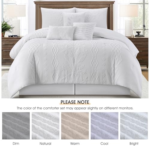 Image of LANCO MODERN LIFESTYLE White Comforter Set, Queen Size, 7 Pieces Jacquard Boho Bedding Set for All Seasons, Ultra Soft and Fluffy, Matching Pilllow Shams, Bedskirt and Decor Pillows