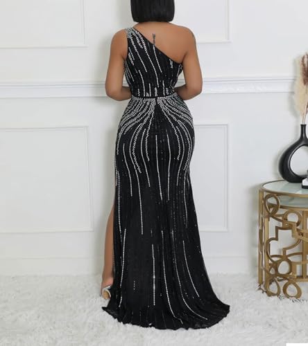 Image of Nagfar Women's Sexy Rhinestone Slant Shoulder Split Wrap Hip Sleeveless One-piece Dress Party Birthday Club Night Out Long Dresses(SK3199-Black-L), Large