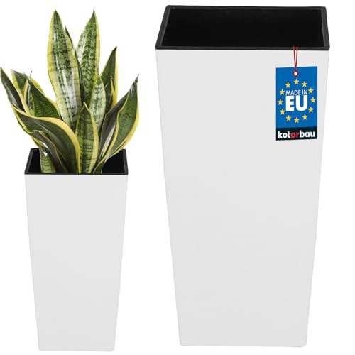KOTARBAU® macetero cuadrado con maceta interior, 140 x 140 x 265 mm, Blanco mate, con inserto extraíble, de plástico, tiento decorativo, alto para interior y exterior