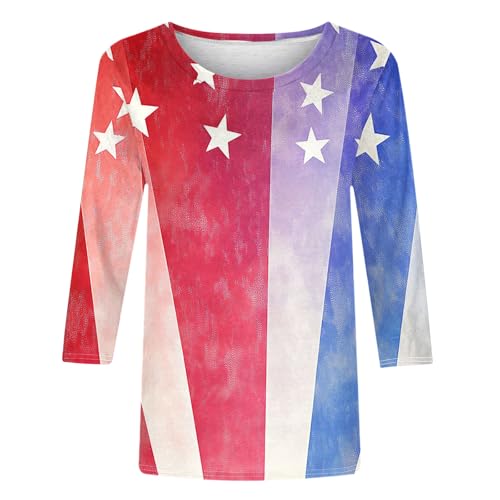 Image of Fourth of July Shirts for Women 3 /4 Sleeve Summer Tops American Flag Print T Shirt Patriotic 4th of July Shirts 2025