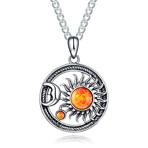 925 Sterling Silver Orange Fire Opal Sun Moon Pendant Necklace For Women Men Boys Wiccan Vintage Cosmic Celestial Hippie Statement Gothic Yin Yang Protection Witchy Jewelry Sister Wife Daughter Girlfriend Mom Grandma Valentine Birthday Gifts #TOP4