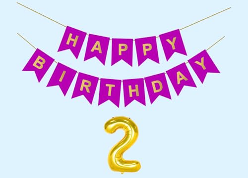 Image of 2nd Happy Birthday Decoration Kit Purple for 2 year Old Boys Girls Baby with Number Two Party Decorations Decor Celebration Items Item Set Combo Reusable Paper Banner