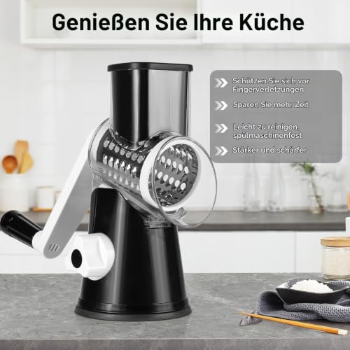 Foto von Dreamhigh® Käsereibe mit Kurbel, Gemüseschneider 3 Edelstahl Austauschbaren Trommelklingen, Manuelle Trommelreibe, Gemüsehobel, Starke Saugwirkung, Ideal für Gurken, Käse&Nüsse, Karotten, Schwarz