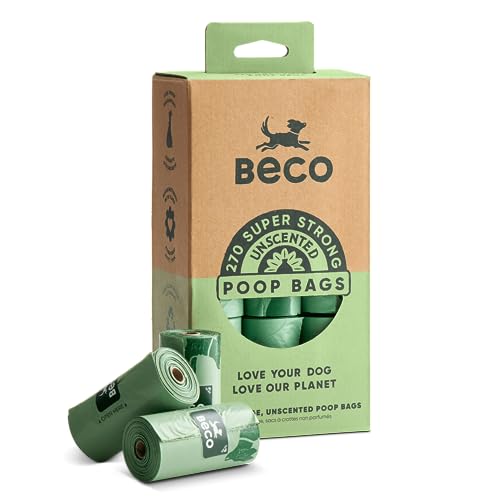 Beco Big & Strong Dog Poop Bags - 270 Bags (18 Dispenser Compatible Rolls of 15),Leak Proof - Unscented - 100% Post Consumer Recycled Plastic