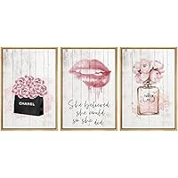 SIGNWIN Framed Canvas Print Wall Art Pink Lips, Flower and Perfume Bottle Decorative Shapes Illustrations Modern Art Rustic Relax/Calm Warm for Living Room, Bedroom, Office - 16