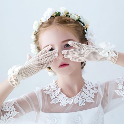 2 Pairs Girls White Gloves for First Communion, Princess, Tea Party, Wedding Party, Short Kids Size Flower Girls Pageant Lace Gloves4