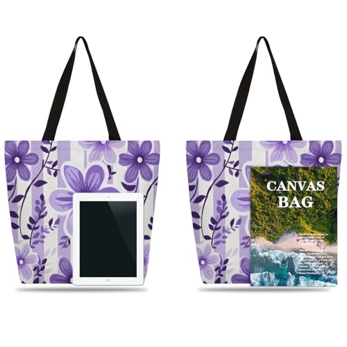 Striped Floral Purple Large Capacity Canvas Tote Bag Stylish Handheld Shoulder Bag Reusable Shopping Bag for Work Travel Beach Trips Shopping4