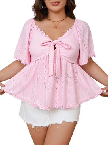 Verdusa Women's Plus Size Coquette Tie Front T Shirt Deep V Neck Ruffle Hem Knit Tee Tops