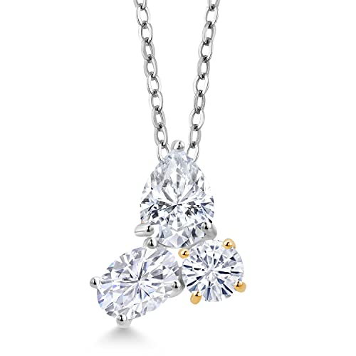 Gem Stone King 925 Sterling Silver and 10K Yellow Gold Oval Round and Pear Shape White Moissanite 3 Stone Pendant Necklace (2.55 Cttw, with 18 Inch Chain)