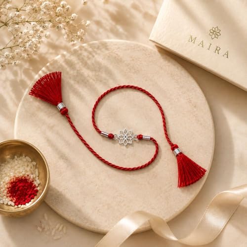 Image of AIRA 925 Sterling Silver Premium Designer Bracelet Rakhi for Brother | Handmade Raksha Bandhan Sacred Thread with Silver-Tone Geometric Charm & Adjustable Red Braided Cord | Traditional Festival Rakhi Gift
