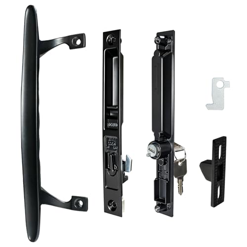 Image of Patio Sliding Glass Door Handle Set, 6-5 /8 inch H.C., Fits 1 inch to 1-1 /8 inch Thick Doors, Black Diecast, Features Lock & 2 Hook Latch & Keys, Flush