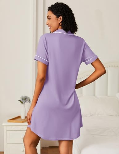 Image of Ekouaer Nightgowns for Women Bamboo Viscose Sleep Shirts Button Down Night Shirt Short Sleeve Boyfriend Pajama Dress