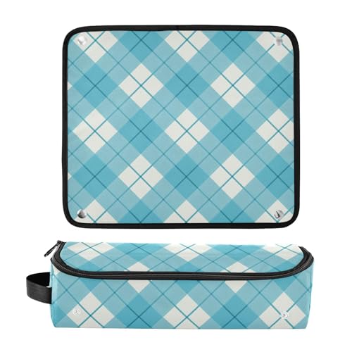 Bolsa de viaje para herramientas de cabello a cuadros blancos y azules para mujeres, con tapete resistente al calor con cremallera, organizador para planchas, rizadores y secadores miniatura 3