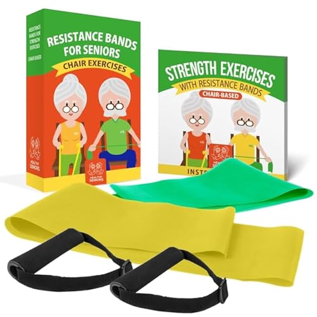 Chair Exercise Program with Two Resistance Bands, Handles and Printed Exercise Guide. Suitable for Rehab or Physical Therapy. Thoughtful Gift for Grandma or Grandpa