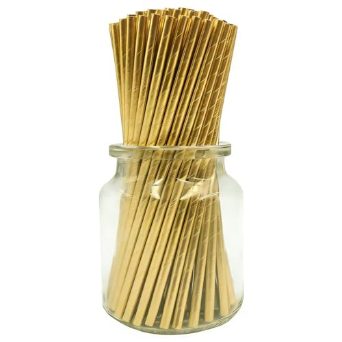 Metallic Gold PaperDrinking Straws, Disposable Gold Foil Paper Straws, Clinquant Crafted Sticks for Cake Pops Party Decoration - 7.75 inch, Pack of 100