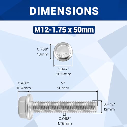 Image of M12-1.75 x 50mm Serrated Flange Hex Bolts + Flange Nut + Flat Washer + Lock Washer Combo Pack, 304 Stainless Steel 18-8, for Automotive & Machinery, 6 Sets