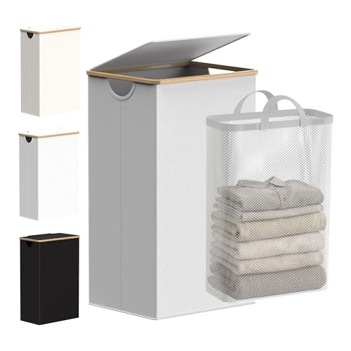 Image of efluky Laundry Basket with Lid and Removable Bag, 100L Tall Laundry Hamper with Bamboo Handles, Aesthetic Dirty Clothes Bin for Laundry Room, Bathroom, Bedroom and Dorm, Light Grey