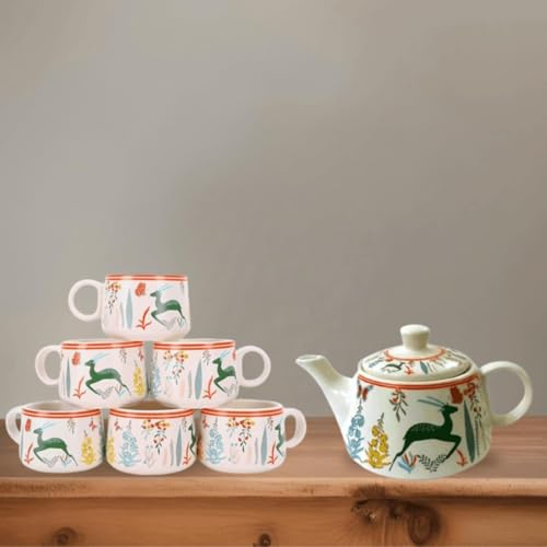 Image of Dmrd Mart-Handcrafted Ceramic Stag 7Pc Tea Cup Set with Kettle Safe 6 Cups 1 Kettle | Tea Pot Set 1000Ml Ceramic Porcelain Cup Set of 6 Perfect for Serving Coffee Green Tea. (Dear Print Green)
